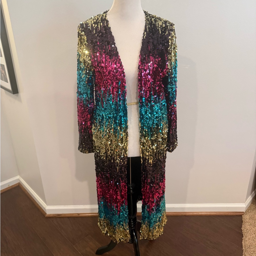 New Sequin Ombre Long Sleeve Duster Cardigan - Multicolor